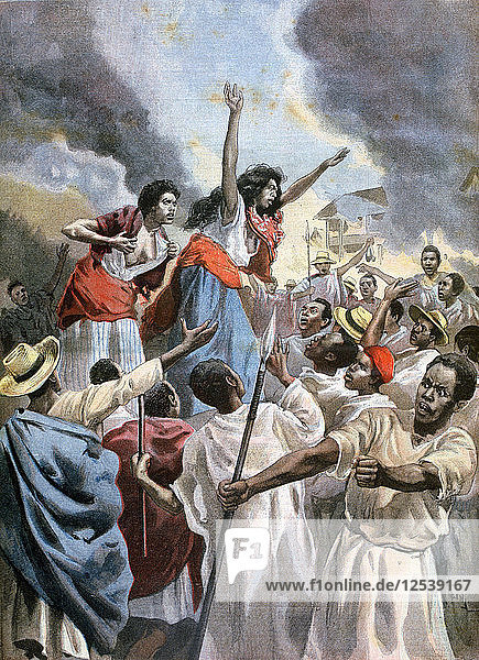 Die königlichen Prinzessinnen predigen den heiligen Krieg in Madagaskar  1894. Künstler: Oswaldo Tofani
