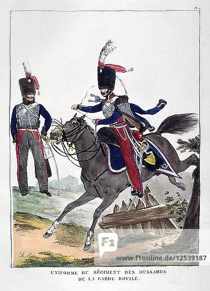 Uniformen eines Husarenregiments der französischen Königsgarde  1823. Künstler: Charles Etienne Pierre Motte