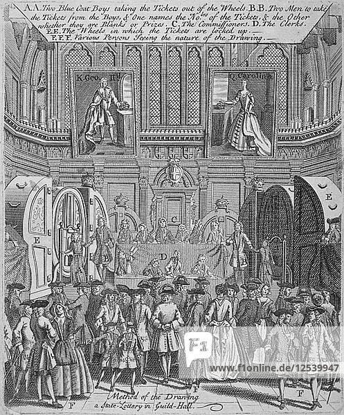 Zeichnung der staatlichen Lotterie in der Guildhall  City of London  1739. Künstler: Anon