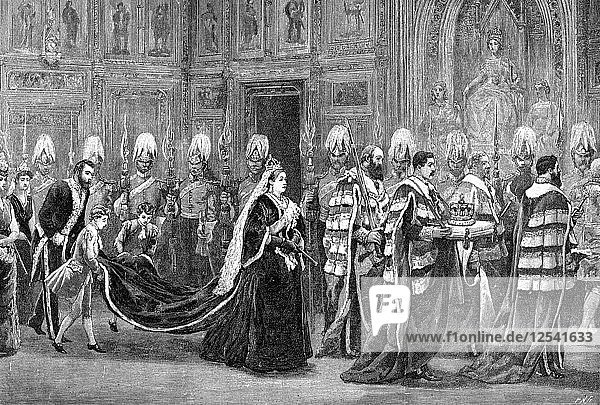 Die königliche Prozession im Westminster Palace auf dem Weg zum House of Lords  1886  (1900). Künstler: Unbekannt