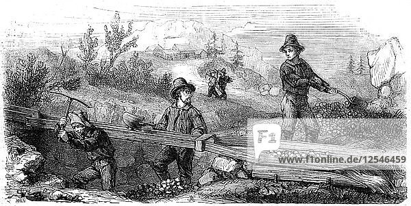 Französische Bergleute bei der Arbeit an einer langen Tom-Schleuse  Kalifornien  19: Gustave Adolphe Chassevent-Bacques