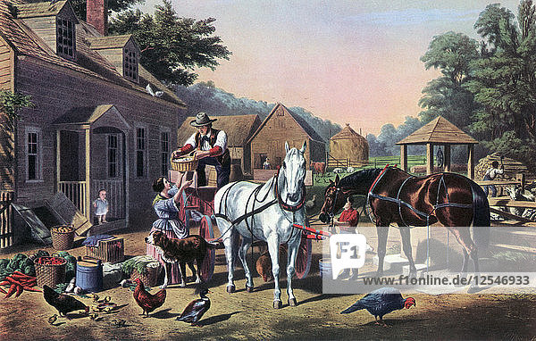 Vorbereitungen für den Markt  1856 Künstler: Currier und Ives