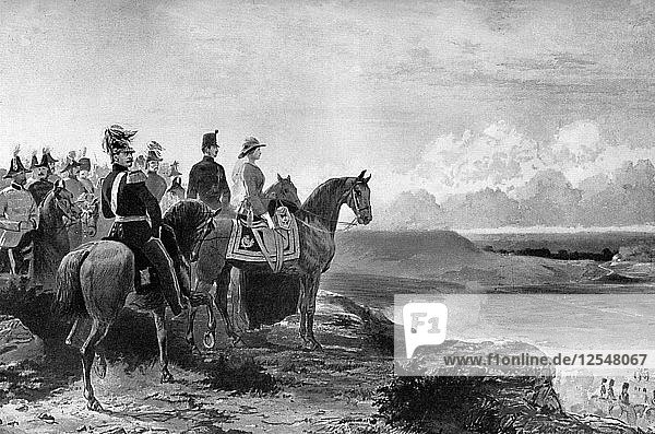 Königin Victoria bei der Besprechung ihrer Truppen  Aldershot  1856  (um 1920). Künstler: Unbekannt