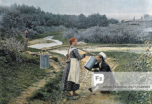 Ein Jäger nimmt einen Drink von einer jungen Frau  Russland  um 1890. Künstler: Gillot