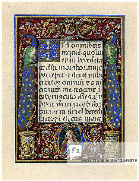 Textseite mit der Jungfrau und zwei Pfauen  um 1490. Künstler: Unbekannt