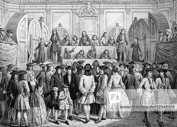 Zeichnung einer Lotterie in der Guildhall  1739  (um 1920). Künstler: Unbekannt