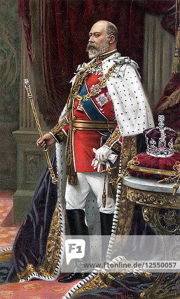 Edward VII. in vollem Krönungsornat  1902. Künstler: Unbekannt