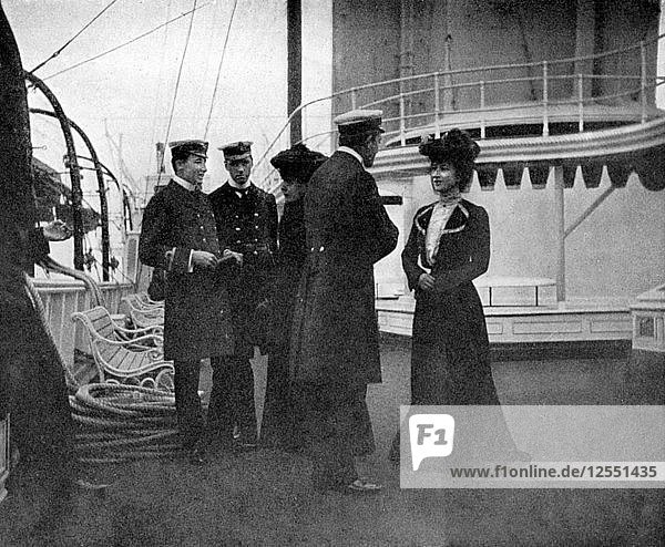 A group on the royal yacht Victoria and Albert III at Copenhagen  Sweden  1908.Artist: Queen Alexandra