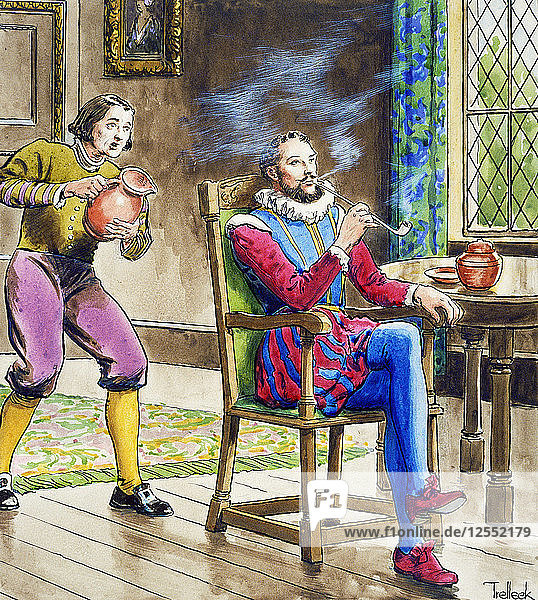 Sir Walter Raleigh raucht eine Pfeife  (um 1900). Künstler: Trelleek
