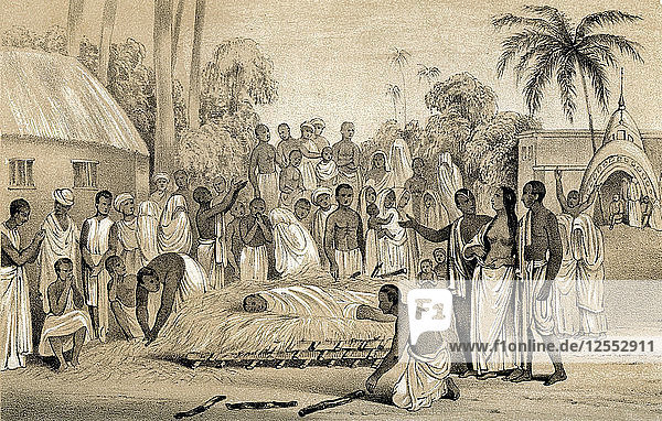 Zeremonie der Verbrennung einer Hindu-Witwe mit dem Leichnam ihres verstorbenen Mannes  1847. Künstler: Unbekannt