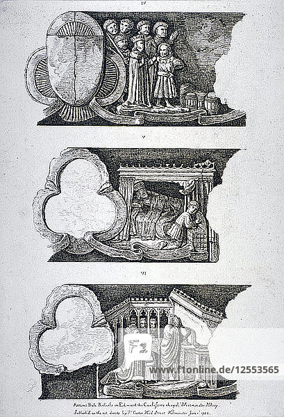 Three bas-reliefs in Edward the Confessors Chapel  Westminster Abbey  London  1782. Artist: Anon