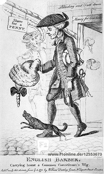 English barber  carrying home a common councilmans wig  1771. Artist: PS
