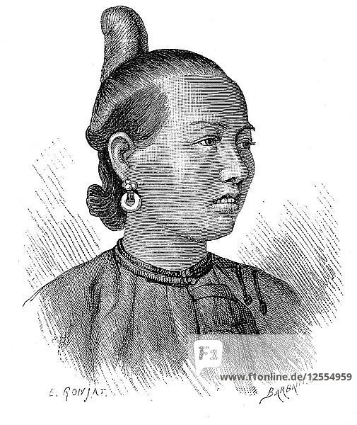 Weibliche Frisur  Swatow  um 1890.Künstler: Barbant