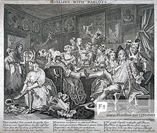 Schwelgen mit Huren  Tafel III von A Rakes Progress  1735. Künstler: Anon