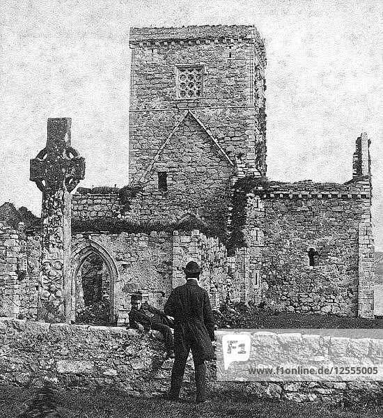 Ruins of the cathedral and St Martins Cross Iona Argyll and Bute Scotland late 19th century.Artist: George Washington Wilson