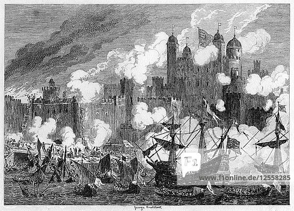 Attack upon Saint Thomass Tower by the Duke of Suffolk 1554 (1840).Artist: George Cruikshank