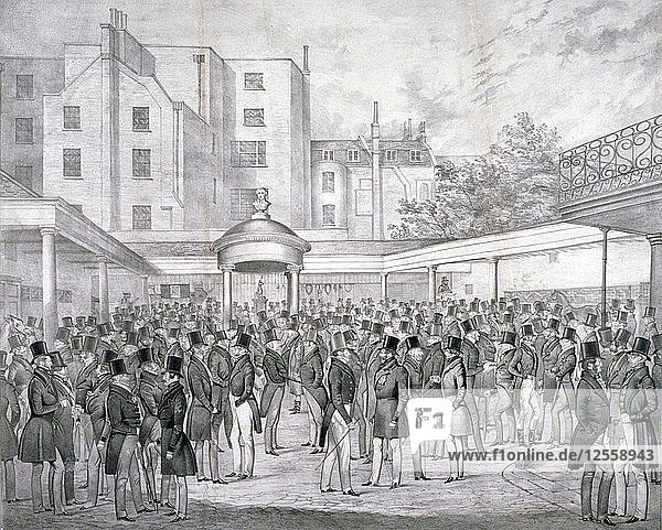 Ansicht des Tattersalls-Pferdeverkaufsplatzes an der Hyde Park Corner  Westminster  London  um 1845. Künstler: Anon