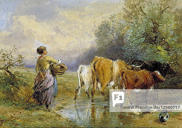 Ein Mädchen treibt Rinder über einen Bach  19. Jahrhundert. Künstler: Myles Birket Foster
