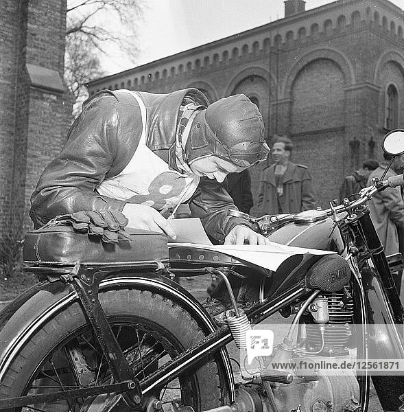 Landskrona Motorcycle Club having an orienteering competion  Sweden  1951. Artist: Unknown
