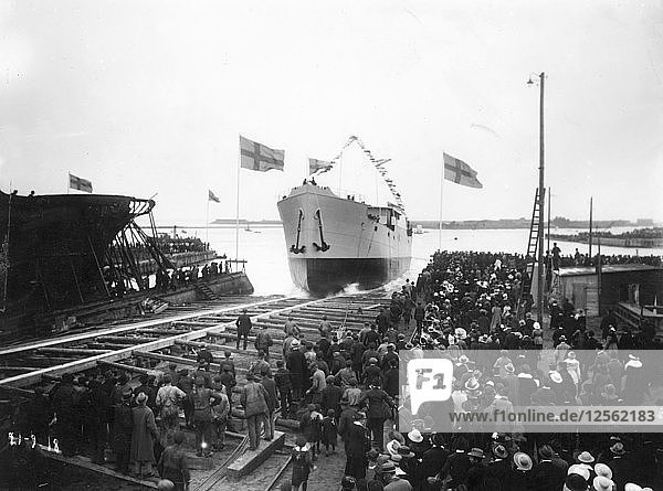 Launching of the SS Torild  first ship built at the Landskrona Shipyard  Sweden  1918. Artist: Unknown