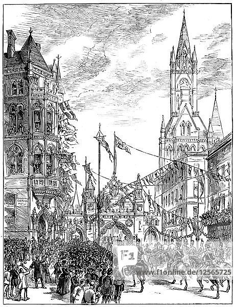 Procession approaching the Town Hall  Manchester  1887. Artist: Unknown