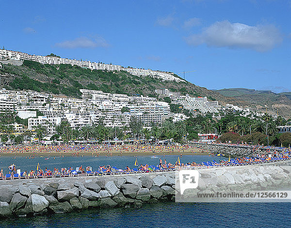 Strand und Wellenbrecher  Puerto Rico  Gran Canaria  Kanarische Inseln.