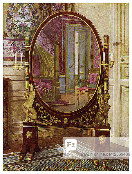 Oval mirror and bed of Napoleon I  1911-1912.Artist: Edwin Foley