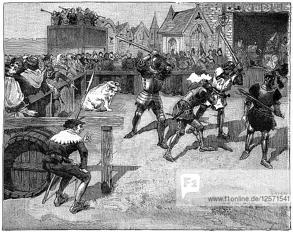 Vier blinde Männer  die in einem Ring gegen ein großes Schwein kämpfen  14. bis 15. Jahrhundert (1882-1884) Künstler: Spex