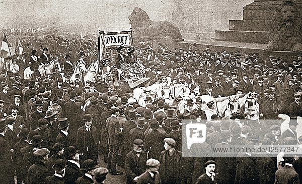 Prozession zur Begrüßung der vorzeitigen Entlassung der Suffragetten aus dem Gefängnis am 19. Dezember 1908. Künstler: Unbekannt