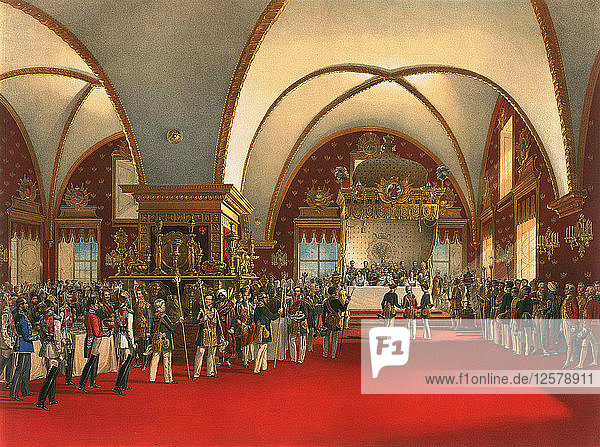 Krönungsbankett im Saal des Palastes der Gesichter im Moskauer Kreml  1856. Künstler: Georg Wilhelm Timm