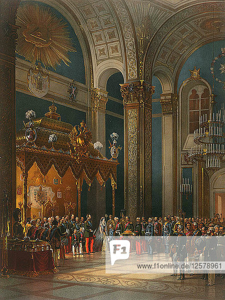 Huldigung von Kosakenoffizieren im Thronsaal  Krönung von Zar Alexander II.  Moskau  1856. Künstler: Georg Wilhelm Timm