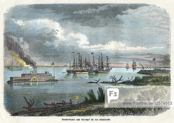 Steam-packet and tug-boat on the Mississippi  USA  c1875. Artist: Unknown