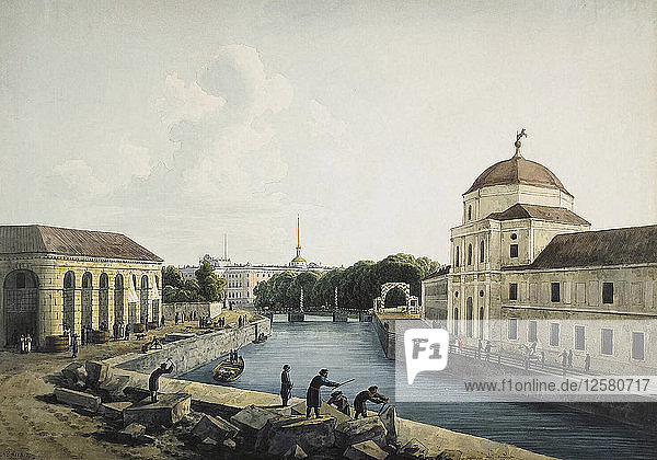 View of the Moika River by the Imperial stables  St Petersburg  Russia  1809. Artist: Andrej Martynoff