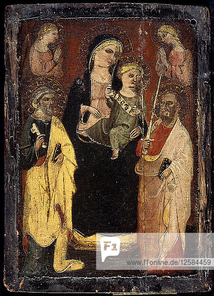 Thronende Madonna mit Kind und den Heiligen Petrus und Paulus  um 1400. Künstler: Meister von San Jacopo a Muciano