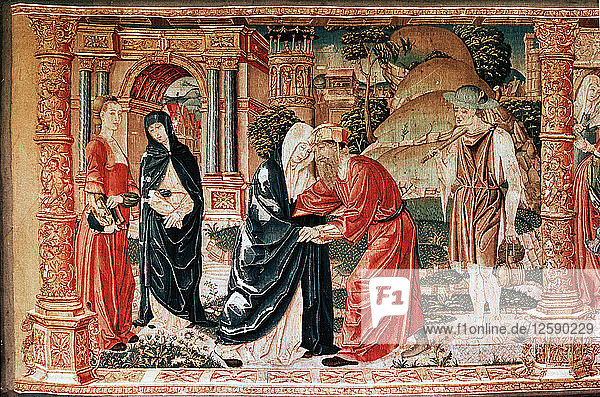 'Detail from the tapestry 'The Meeting of Joachim and Anna the Birth of Mary and the Presentation in the Temple' from the series of 'The Story of the Virgin Mary'.'