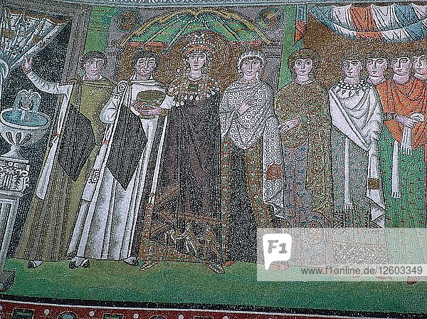 Mosaic of the Byzantine Empress Theodora and her court  6th century. Artist: Unknown
