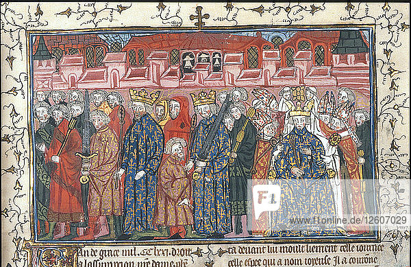Die Krönung Philipps II. Auguste in Anwesenheit Heinrichs II. von England (aus den Chroniques de France ou de St Denis)  nach 1380. Künstler: Anonym