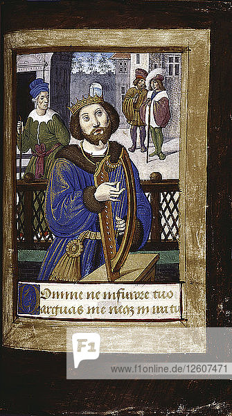 König David spielt auf seiner Harfe (aus Lettres bâtardes)  ca. 1490-1510. Künstler: Poyet  Jean (tätig 1483-1497)