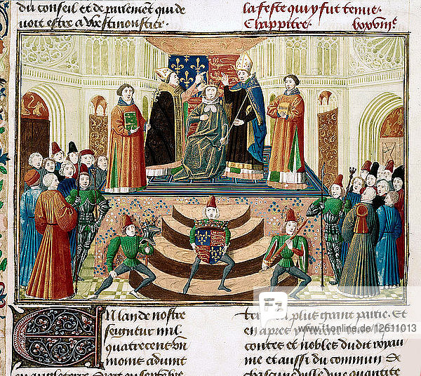 The Coronation of Henry IV of England (Detail of a miniature from the Grandes Chroniques de France by Jean Froissart)  ca 1470. Artist: Anonymous