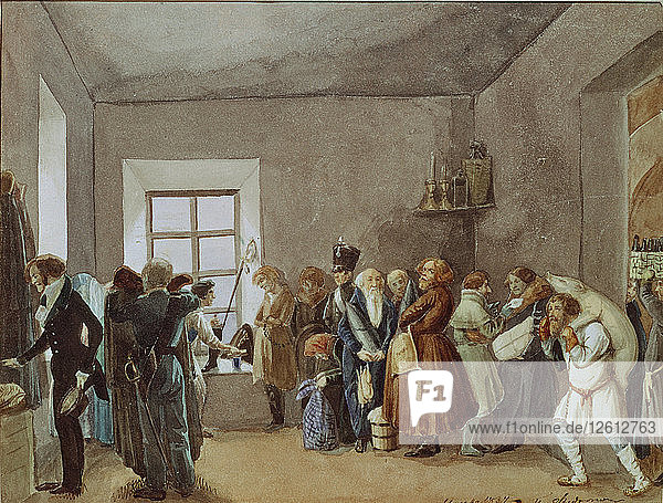 Empfangsraum des Polizeipräsidenten am Abend vor einem Feiertag  1837. Künstler: Fedotow  Pawel Andrejewitsch (1815-1852)