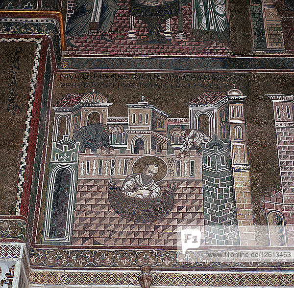 A mosaic showing St Paul escaping from a city in a basket  12th century. Artist: Unknown