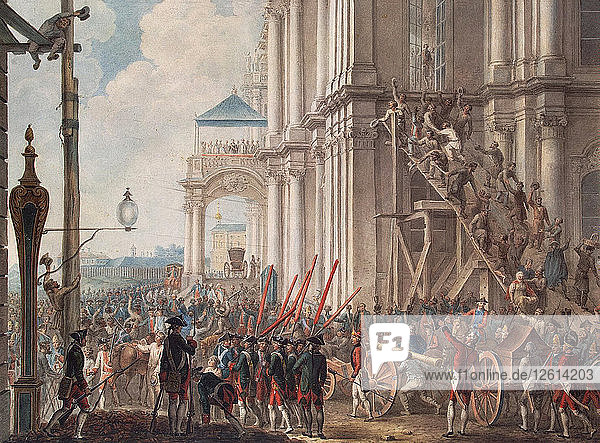 Katharina II. auf dem Balkon des Winterpalastes  begrüßt von den Wachen am Tag der Palastrevolution am 28. Juni 1762  Ende des 18. Jahrhunderts. Künstler: Anonym