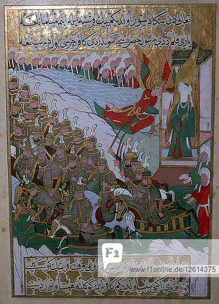 Islamische Illustration des Erzengels Gabriel  der den Armeen von Mohammed hilft. Künstler: Unbekannt