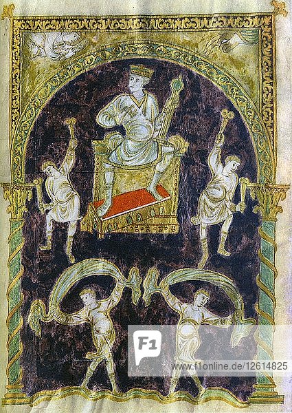 King David enthroned  dancers  end of 9th century (890-900)  Abbey of St Gall. Artist: Unknown