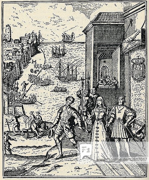 Kolumbus mit Ferdinand und Isabella  (3. August 1492)  1912. Künstler: Unbekannt