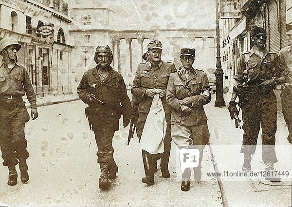 A German officer escorted by French soldiers the liberation of Paris World War II 1944. Artist: Unknown