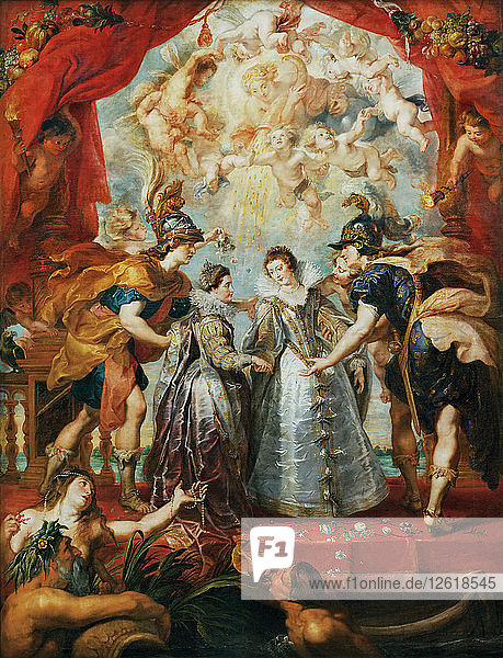 Der Austausch der Prinzessinnen an der spanischen Grenze. (Der Marie de Medici-Zyklus). Künstler: Rubens  Pieter Paul (1577-1640)