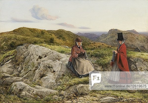 Walisische Landschaft mit zwei strickenden Frauen  1860. Künstler: William Dyce.
