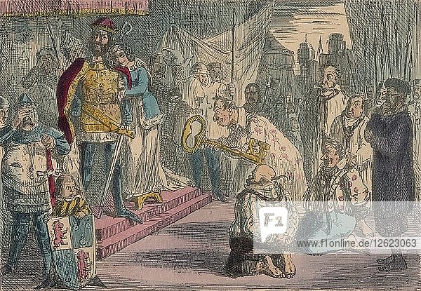 Königin Philippa setzt sich bei Edward III. für die sechs Bürgerinnen von Calais ein  1850. Künstler: John Leech