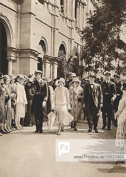 The Duke and Duchess of York and Queen Elizabeth leaving a reception in Brisbane  1927. Artist: Unknown.